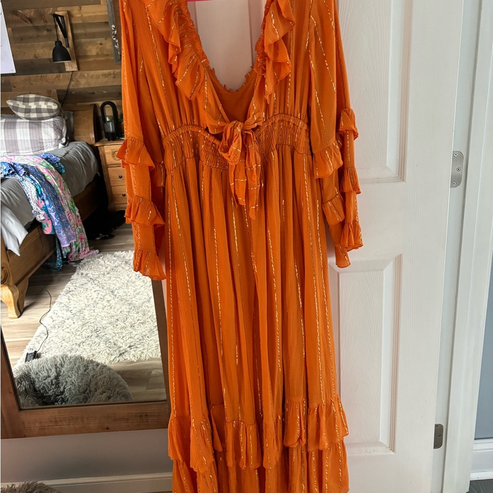 Orange Ruffled Maxi Dress Size Large - Picture 4 of 5